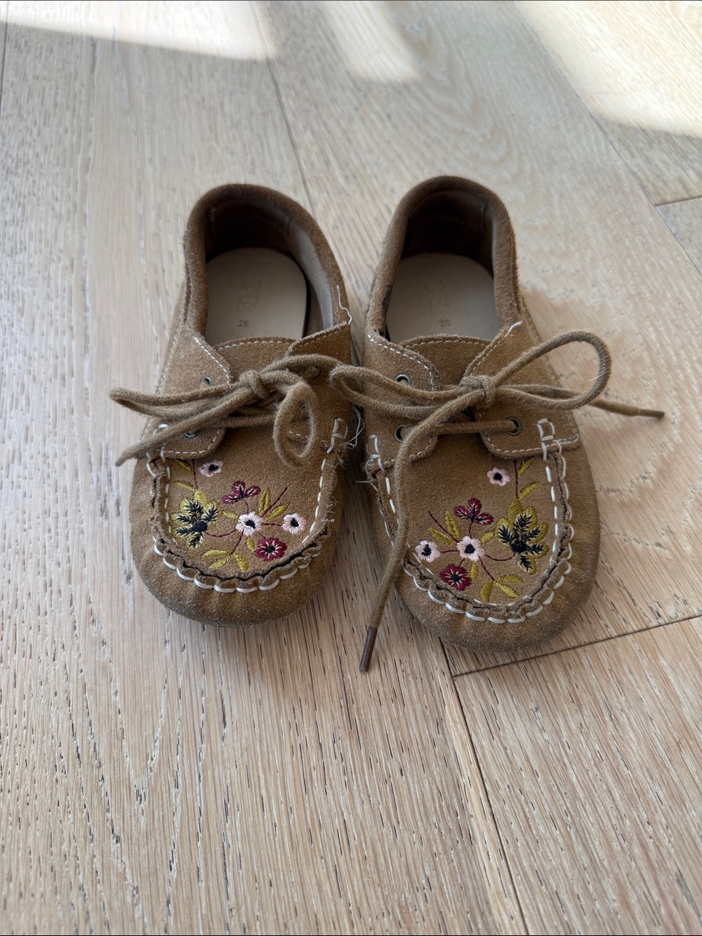 Zara Tan Suede Kids Moccasins with Floral Embroidery